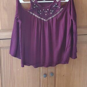 Cold Shoulder Peasant Blouse Red Purple Embroidered
